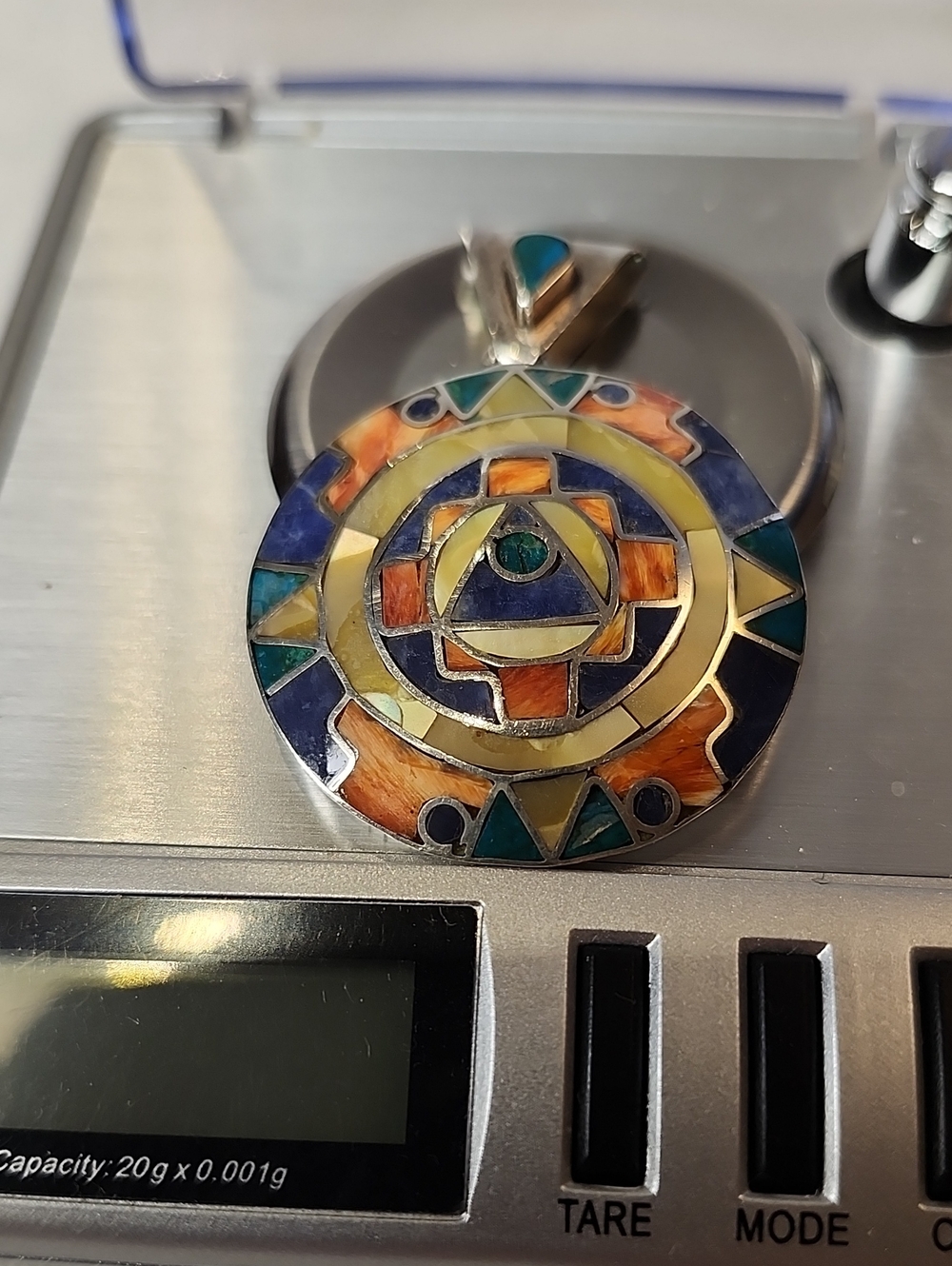 Vintage 950 Silver Peruvian Inca Geometric Inlay Pendant Necklace